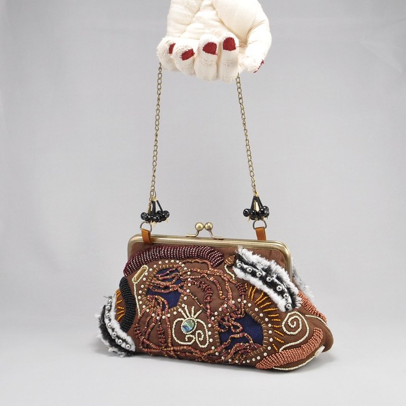 Embroidered bag with beads and yarn, brown hand bag, sparkle bag, vienna #2 - 手提包/手提袋 - 棉．麻 咖啡色