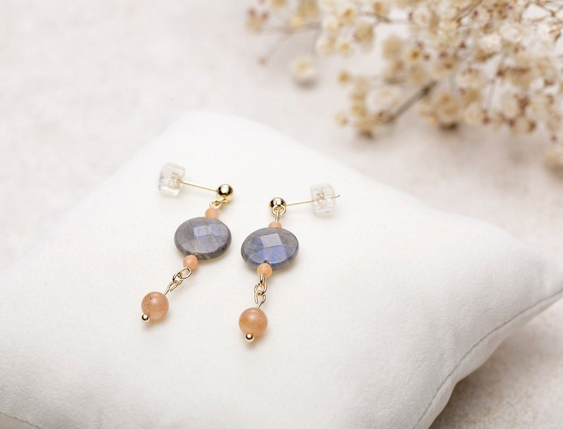 月精灵 Pink Aventurine Labradorite Peach Moonstone 耳环 - 耳环/耳夹 - 宝石 粉红色