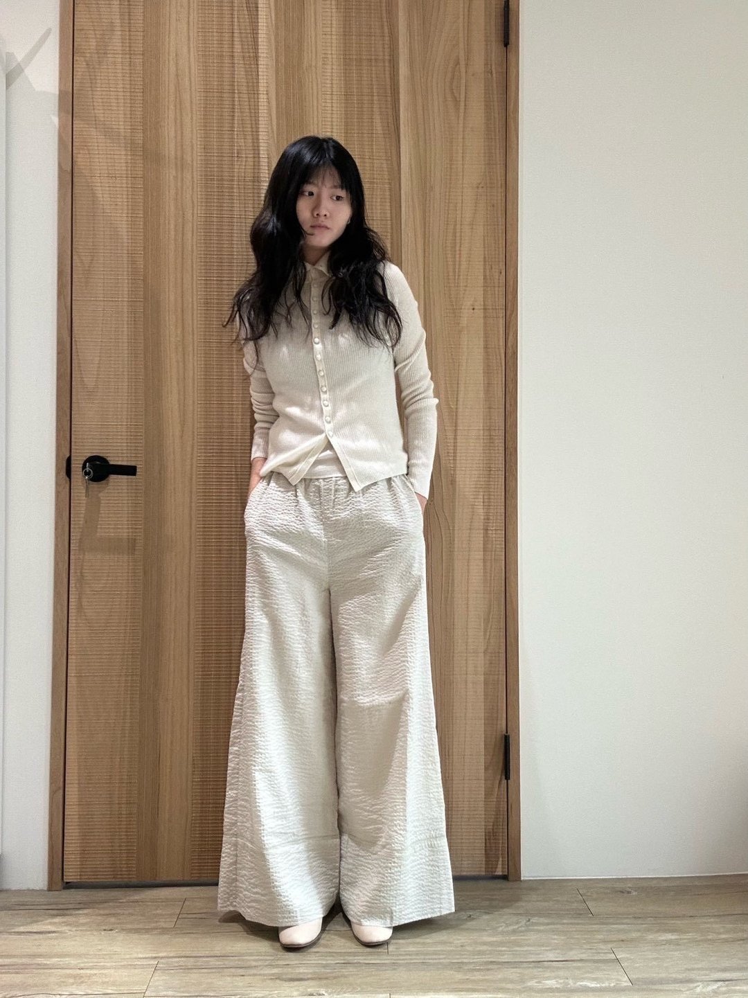 前扣翻领罗纹开衫 - 女装针织衫/毛衣 - 羊毛 白色