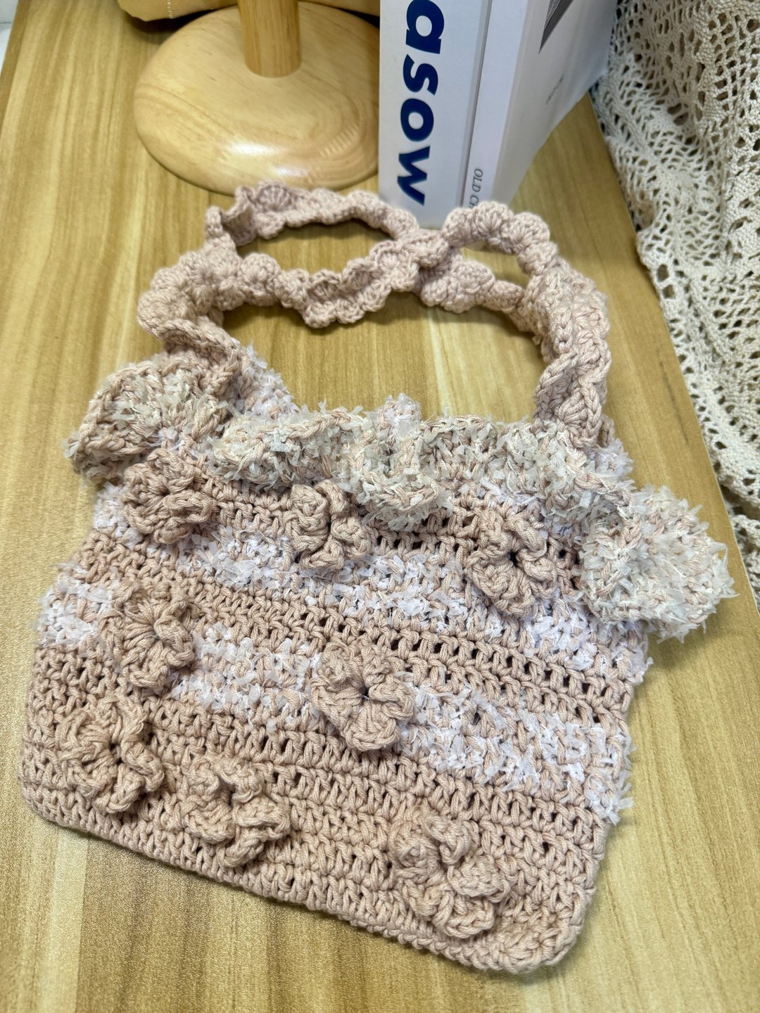 MUMU 燕麦可可立体花花手提包 钩织 HANDMADE - 手提包/手提袋 - 棉 卡其色