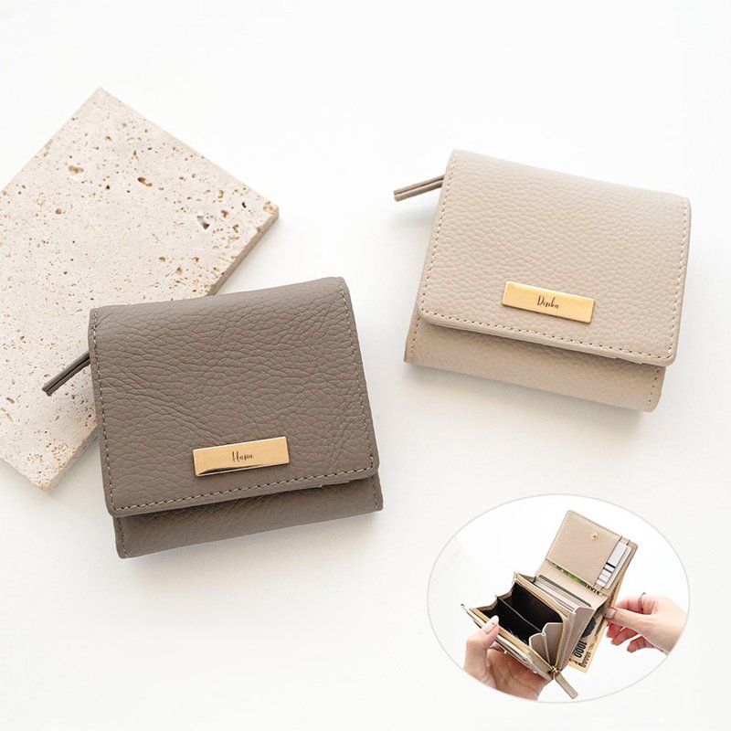 L型零钱包钱夹 【 牛革 质感 姓名饰牌 刻印 】 皮夹 防盗刷 轻巧 文字刻印 HR54U - 皮夹/钱包 - 真皮 咖啡色