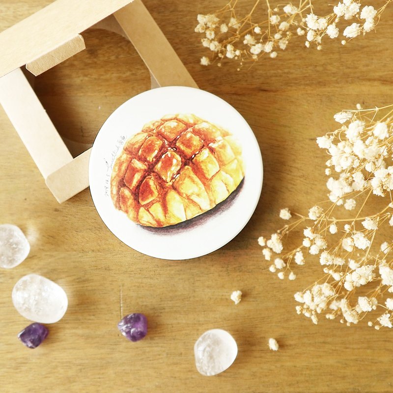 【菠萝面包】手绘美食杯垫/莺歌陶瓷吸水杯垫/陶瓷杯垫/圆形杯垫 - 杯垫 - 陶 橘色