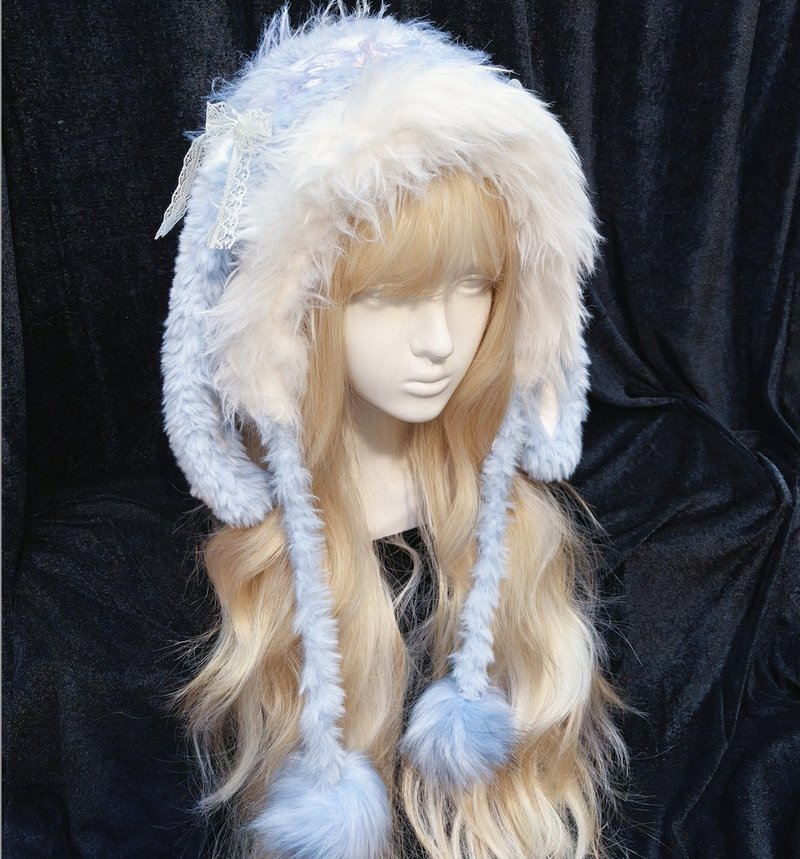 蓝色兔耳连帽帽 | 可爱兔耳帽 | 手工保暖冬帽 - 帽子 - 其他材质 