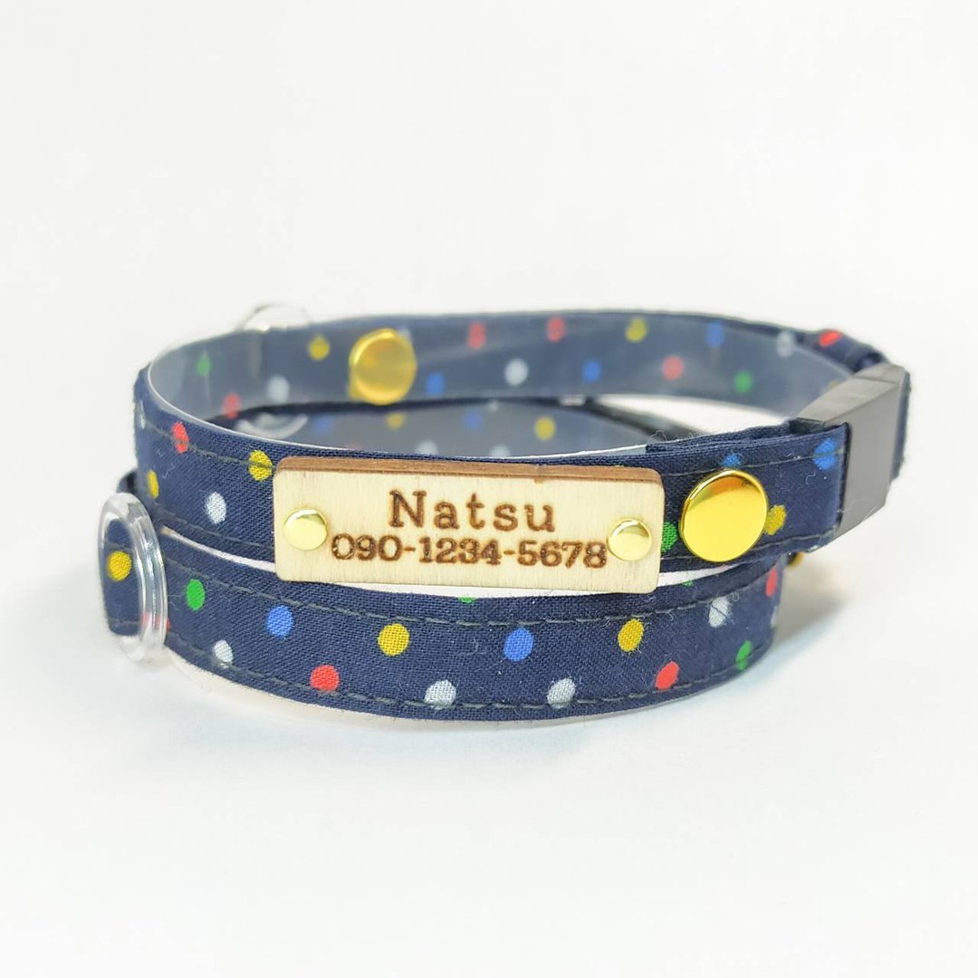 Made in JAPAN　Cat Dog Collar with wood name Tag Personalization Order made - 项圈/牵绳 - 棉 蓝色