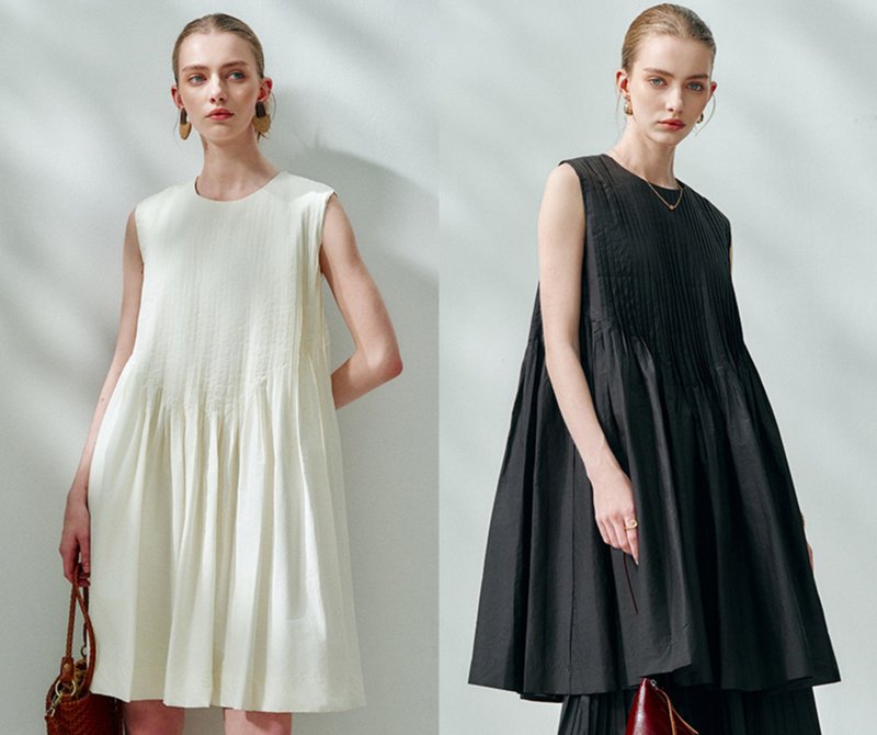 【中长艺术感】法式簡約/100%棉/不规则压褶连衣裙 - 洋装/连衣裙 - 棉．麻 多色