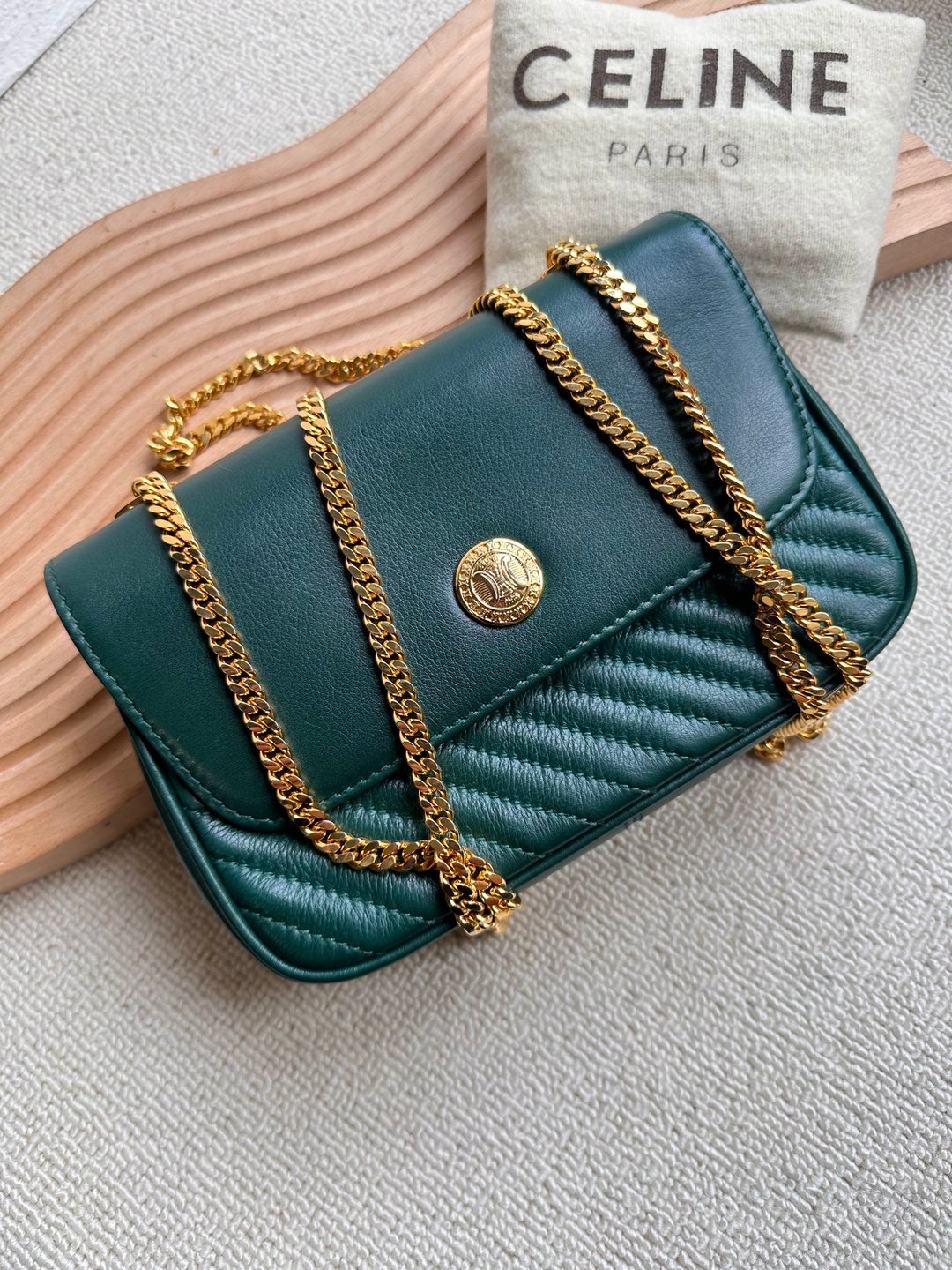 稀有中古包 Vintage Celine 凯旋门金币链条包 - 侧背包/斜挎包 - 真皮 绿色
