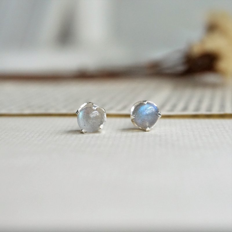 ll 6mm拉长石纯银耳环 ll 925纯银贴耳耳针 ER-00031 - 耳环/耳夹 - 半宝石 灰色