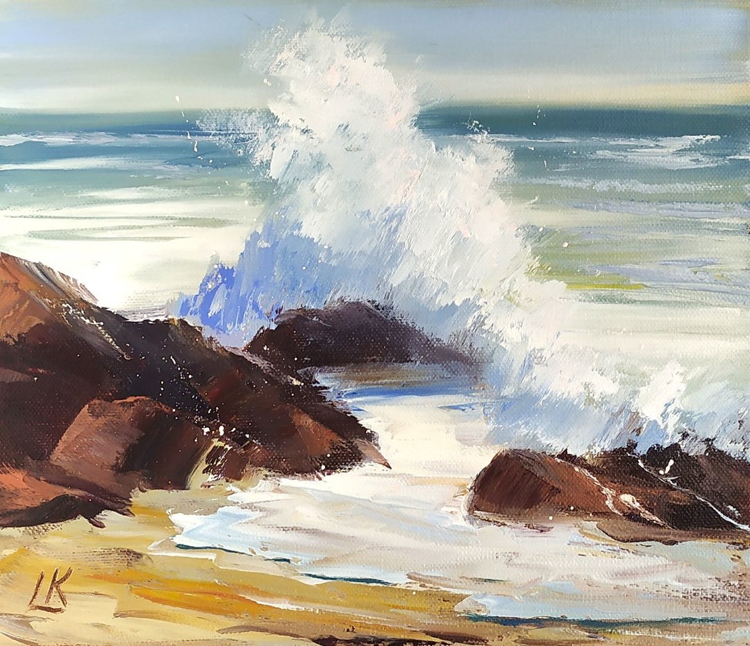 大波浪画 海浪画石岸 蓝色波浪艺术 海洋岩石海岸 - 海报/装饰画/版画 - 棉 