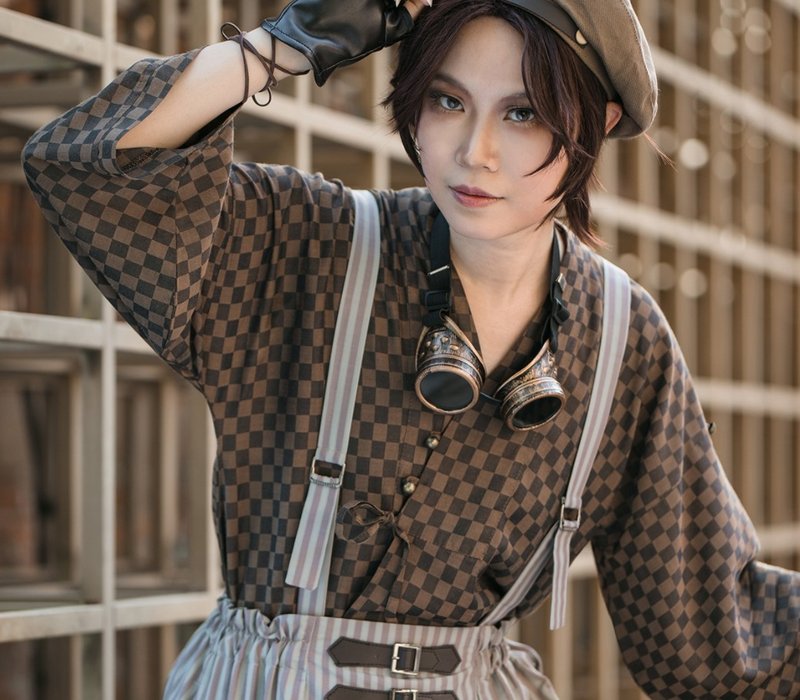 蒸汽朋克 咖格子 复古小褂 外搭罩衫 茶服新中式交领 中袖上衣 - 男装上衣/T 恤 - 其他人造纤维 咖啡色