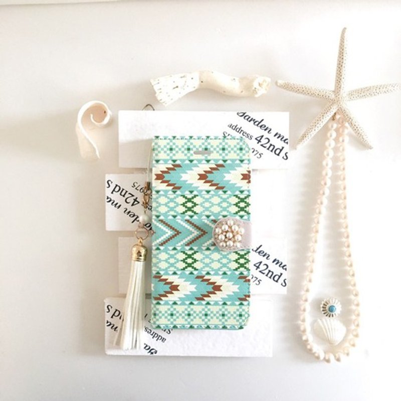 pajour) Cream Turquoise Ortega Pattern Notebook Type Case [Autumn / Winter] [Triangle] [Chimayo] [Tribal] - 手机壳/手机套 - 真皮 绿色