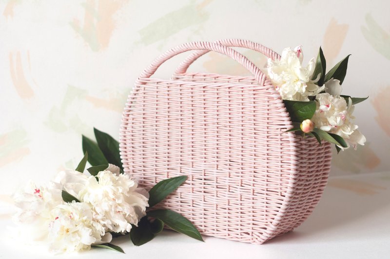 粉红色藤编手提包，圆形购物篮 - 手提包/手提袋 - 纸 粉红色