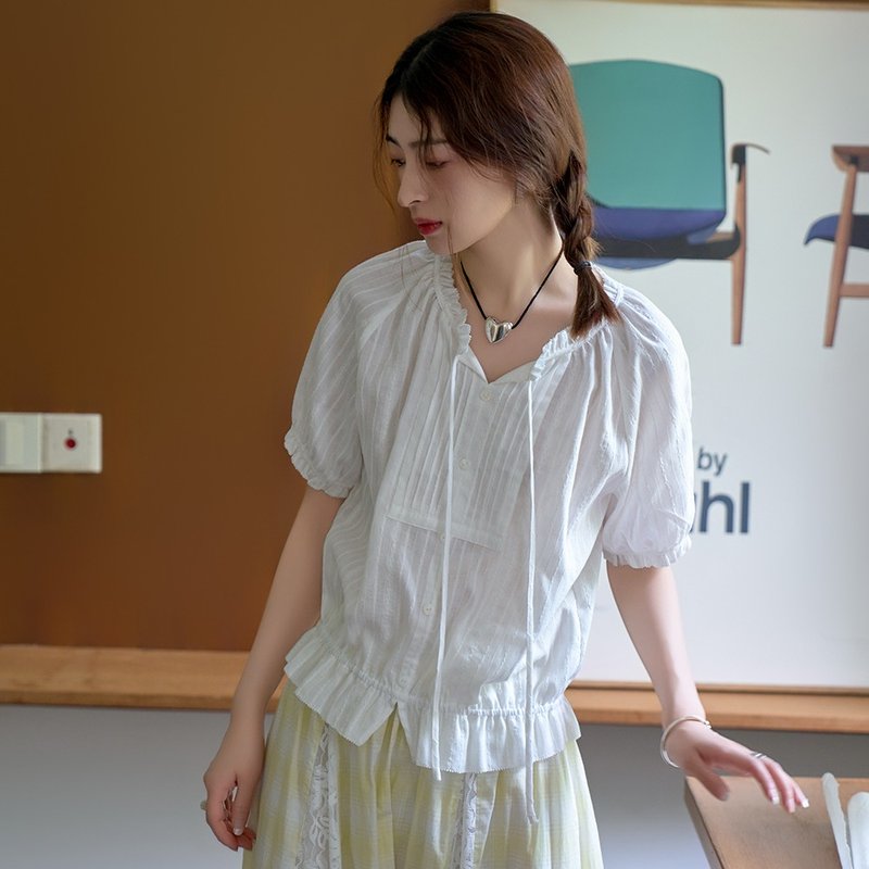 白色圆领系带娃娃衫|衬衫|夏款|Sora-1544 - 女装衬衫 - 棉 白色
