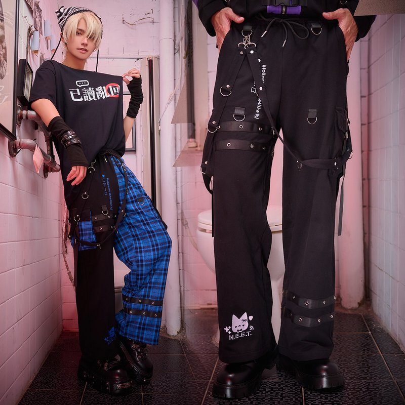 原创宅二次元社交猫NEET自宅警备员格纹口袋吊带直筒长裤JJ2525 - 男士长裤 - 棉．麻 