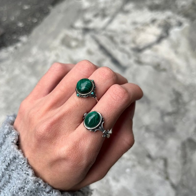喜迎瑶 925银 孔雀石 天然石 活口 戒指 民族风 复古 手工银饰 - 戒指 - 水晶 银色