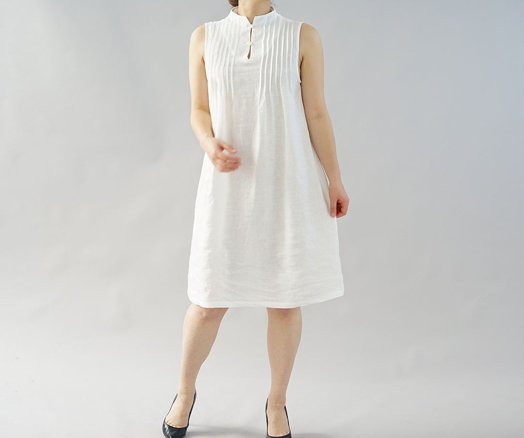 wafu - 純亞麻衬裙 Lightweight Linen High-neck Inner Dress / White p001a-wht1 - 洋装/连衣裙 - 亚麻 白色