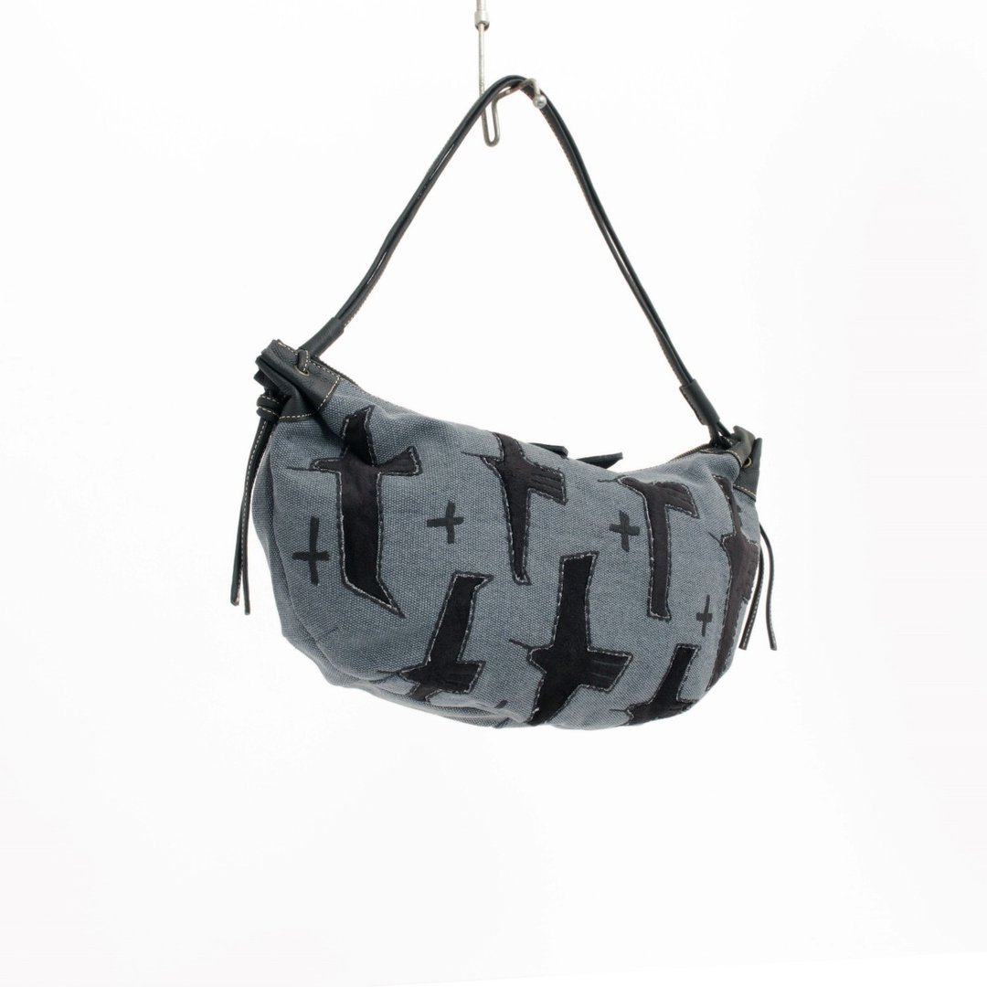 Square bird embroidery, croissant bag - 侧背包/斜挎包 - 真皮 蓝色