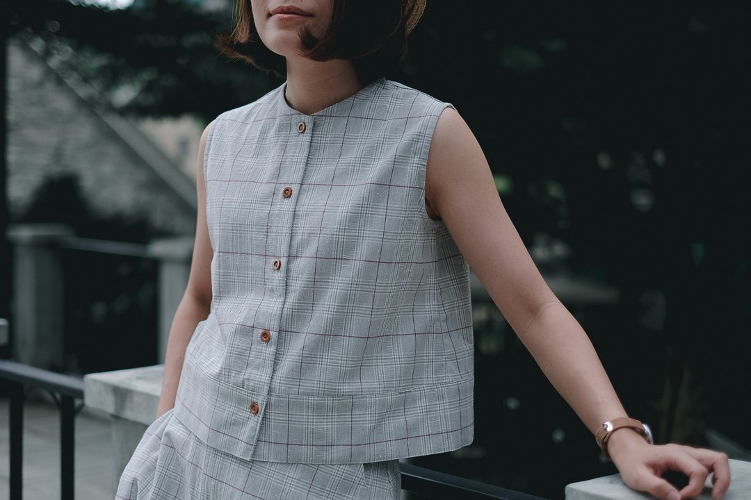 Mimiki 棉麻质背心 蓝色 - 女装上衣 - 棉 灰色