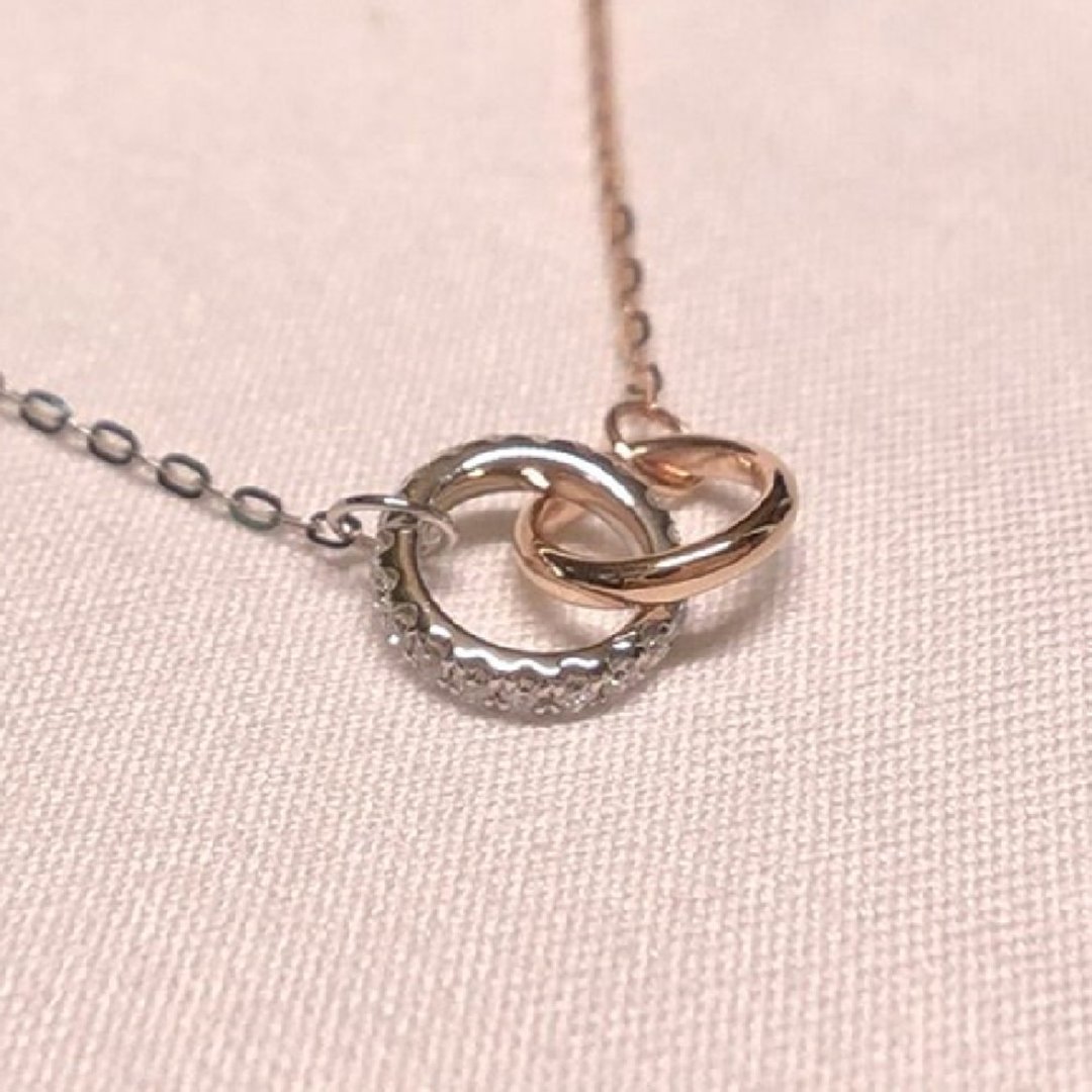 【Moriarty Jewelry】环环相扣- 双环造型 -14K 双色K金 小钻项链 - 项链 - 玫瑰金 