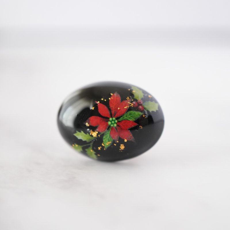 天然石黑玛瑙与圣诞红、金箔的饰物扣 发簪扣 胸针 圣诞节 成人式 - 胸针 - 宝石 黑色