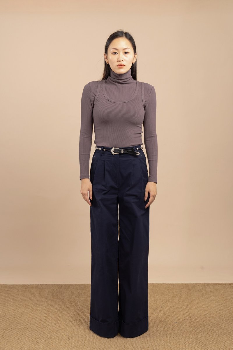 折脚阔裤  Wide leg cuffed hem trouser - 女装长裤 - 其他材质 蓝色