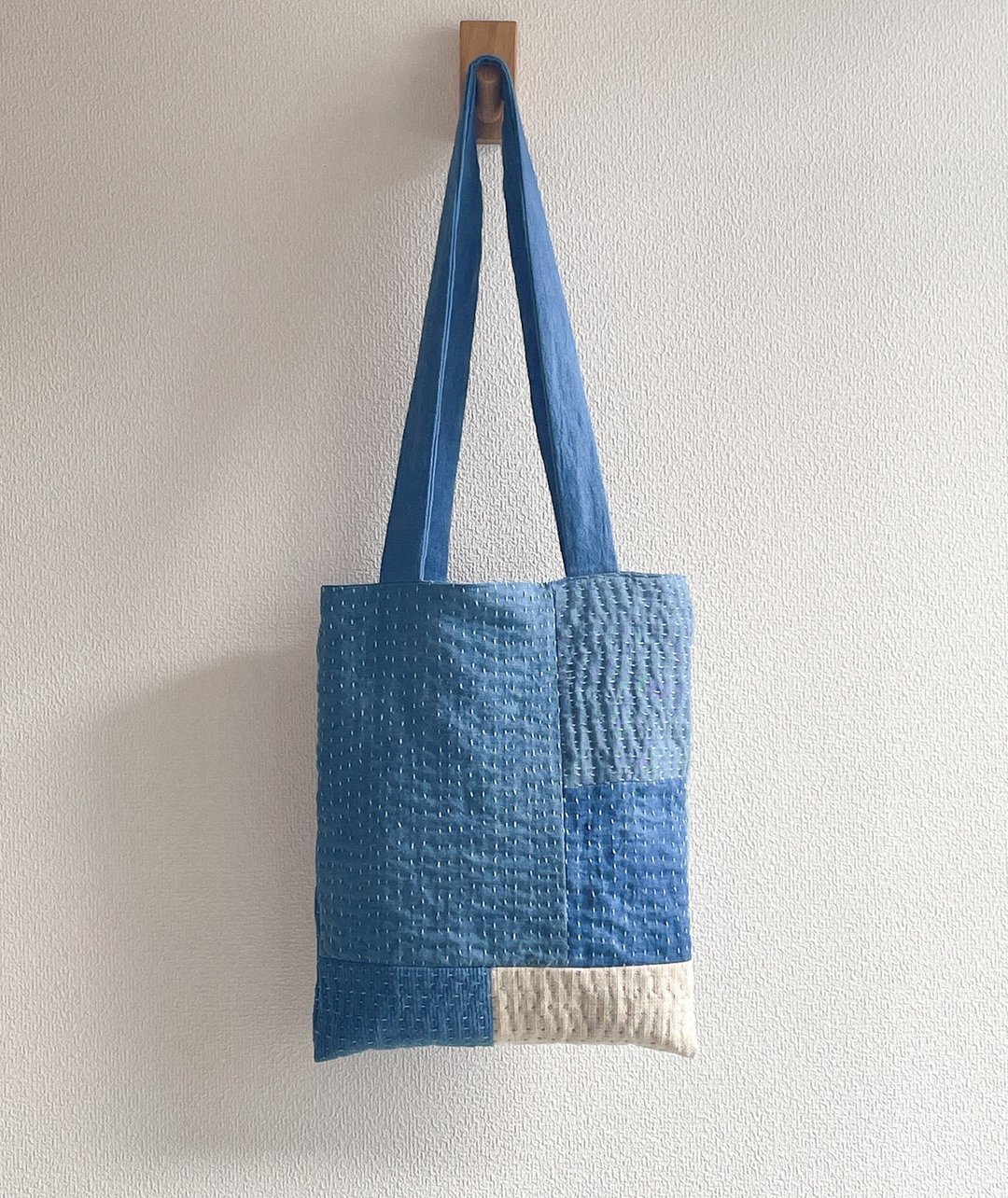 日本制 蓝染 刺子 Japanblue sashiko 拼贴托特包 柔软亚麻托特包 升级再造 aizome - 手提包/手提袋 - 棉 蓝色