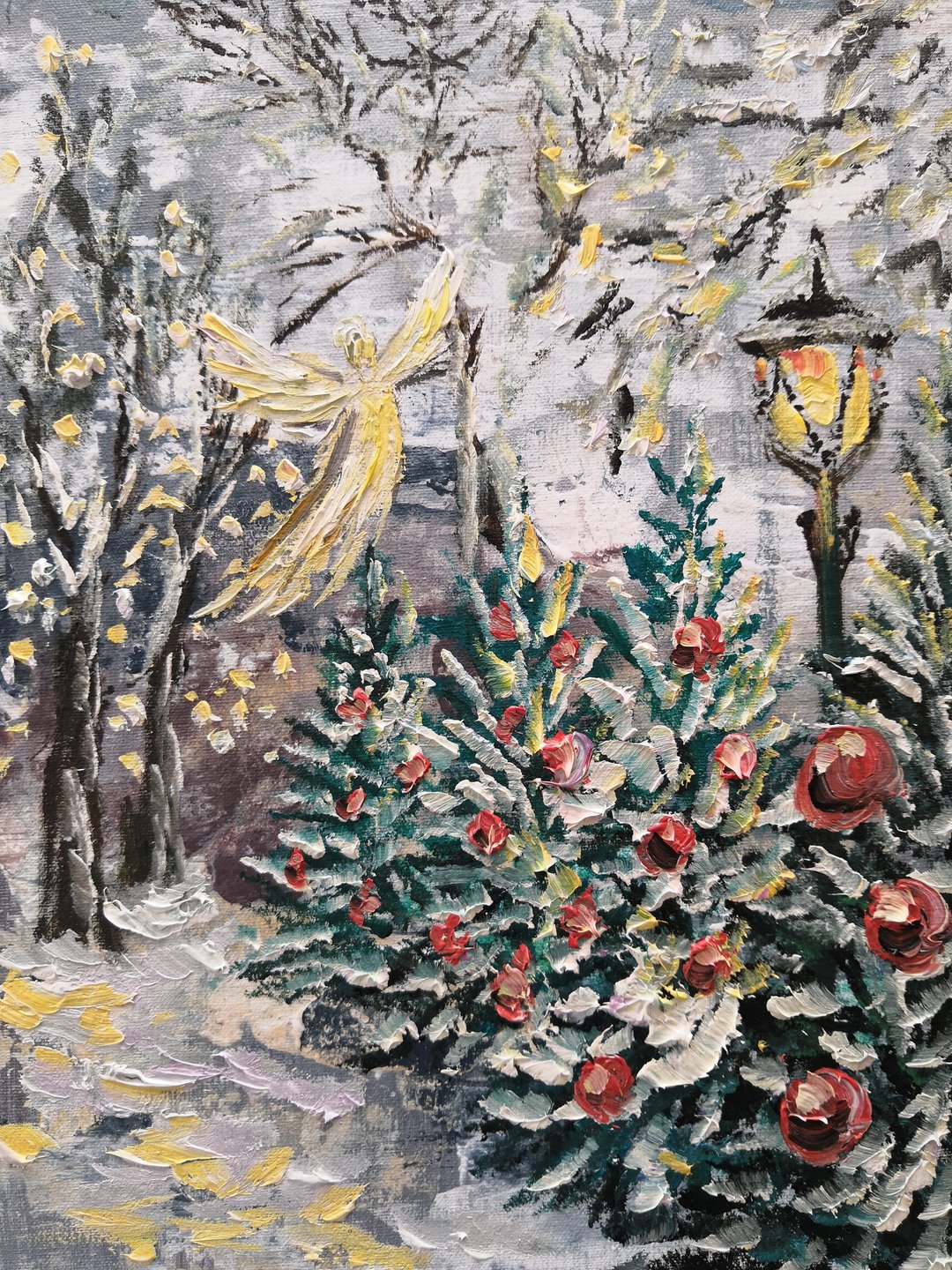 Christmas Angel Oil Painting Original Art Winter Holiday Handmade Wall Art - 海报/装饰画/版画 - 其他材质 
