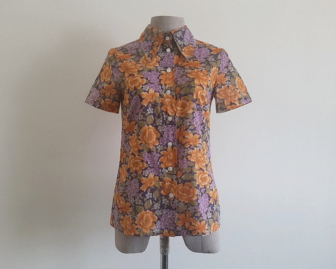 复古印花纯棉衬衫 橘紫拼接 短袖 匕首领 衬衫 XS - 女装上衣 - 棉 