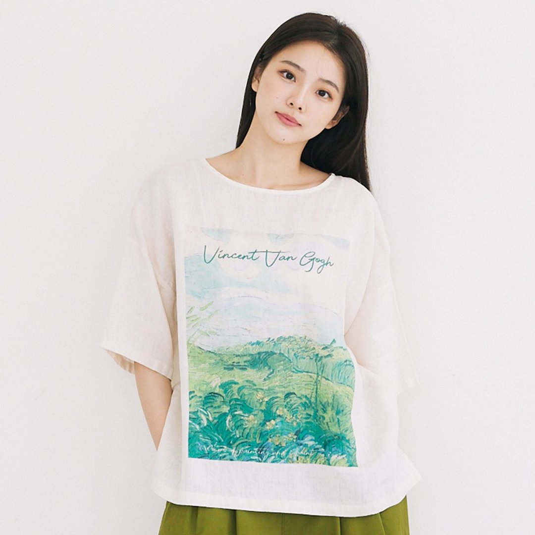 【Simply Yours】亚麻印花T-Wheat Fields 麻本F - 女装 T 恤 - 棉 多色