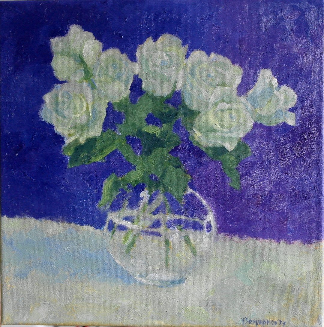 White Roses Flowers Original Art Oil Painting Wall Decor Beautiful Roses - 海报/装饰画/版画 - 其他材质 多色