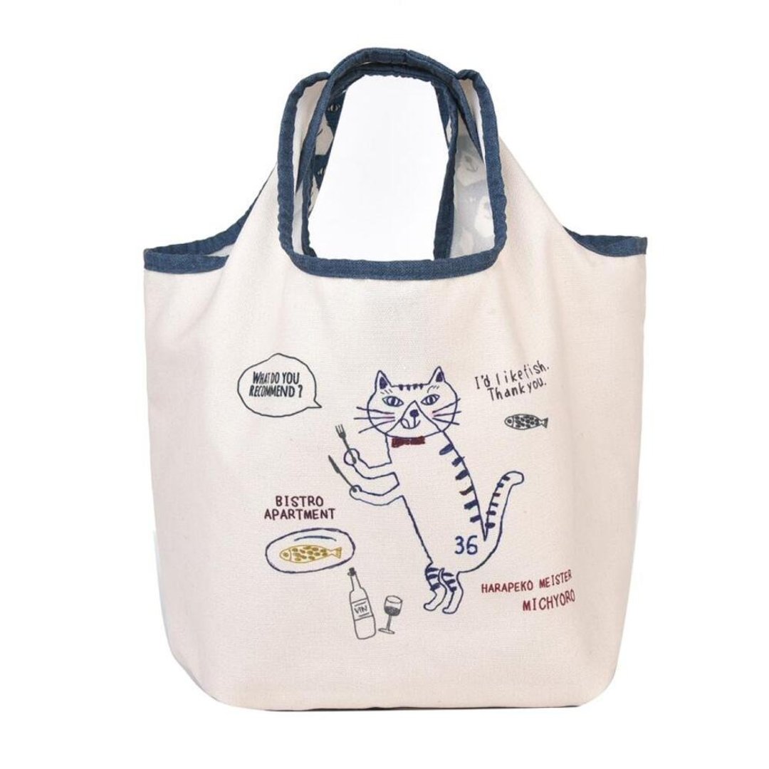 Kusuguru Japan 饥饿猫猫Michyoro帆布厚底手提包 外出购物包 -蓝 - 手提包/手提袋 - 聚酯纤维 蓝色