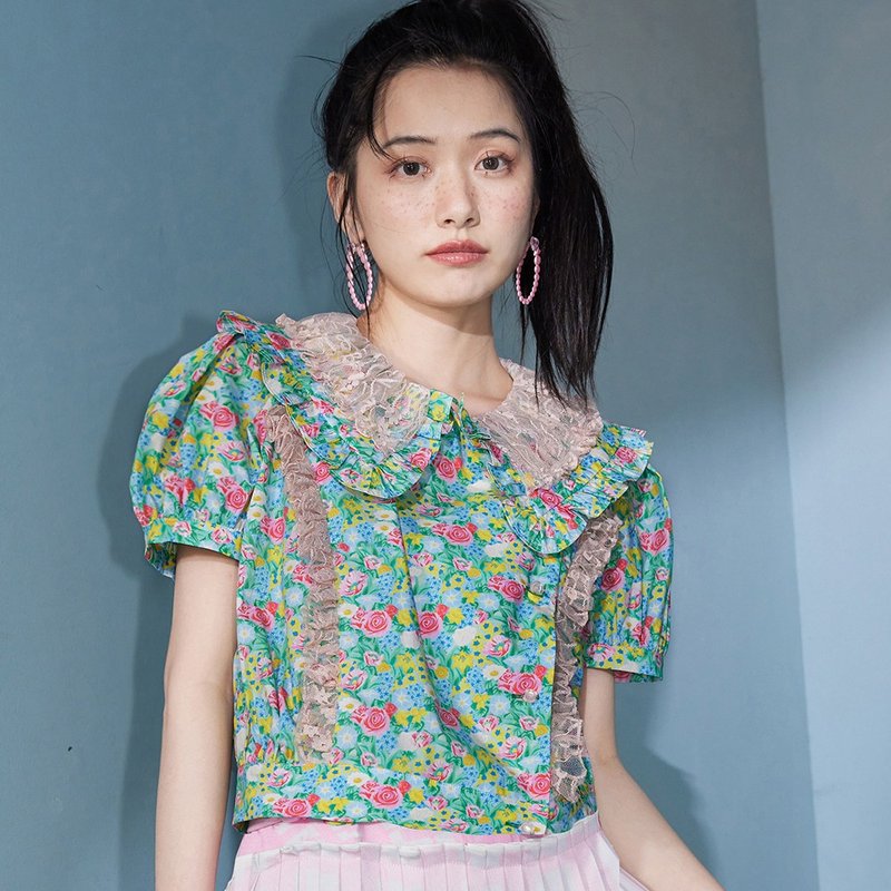 碎花蕾丝拼接 娃娃领短袖衬衣 - 女装上衣 - 其他材质 多色