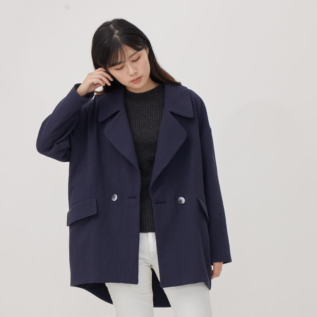 Beata 双排釦双层棉西装外套/深蓝 - 女装西装外套/风衣 - 棉 蓝色