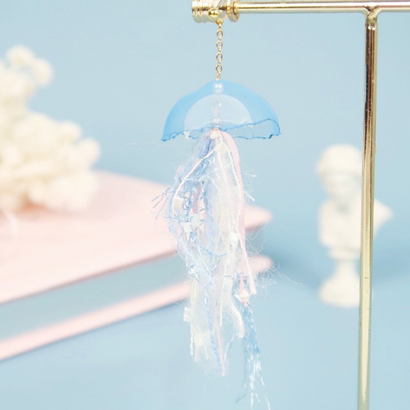 空气水母单只耳环水蓝色创意手作长款流苏耳环可换无耳洞耳夹 - 耳环/耳夹 - 其他人造纤维 蓝色