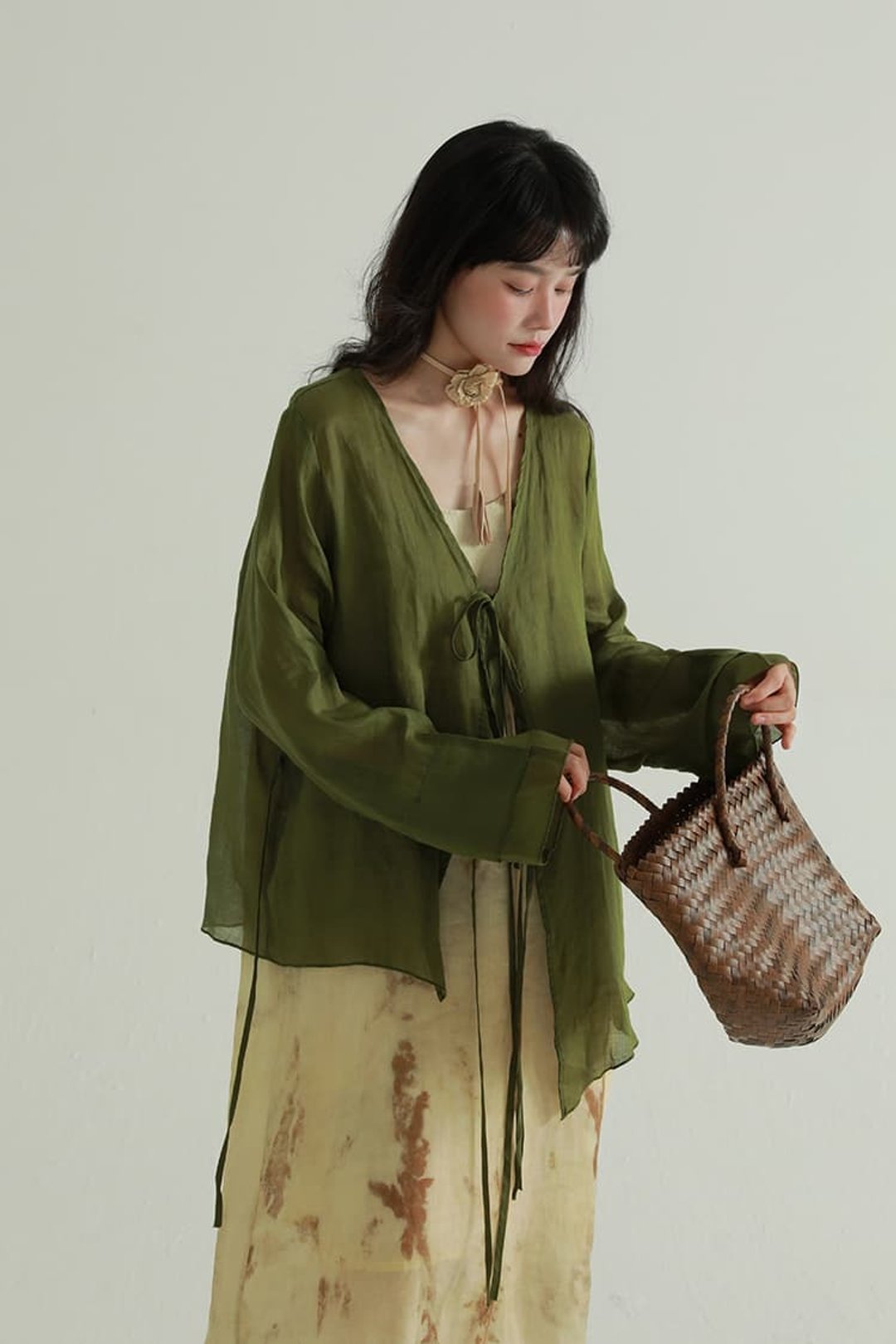 2顏色 苧麻系帶防曬開衫 休閒簡約寬松復古輕薄襯衫上衣 - 女装上衣 - 棉 绿色