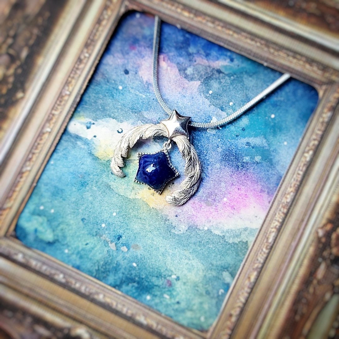 星星青金石羽毛电镀18K金纯银吊坠 - 项链 - 半宝石 蓝色