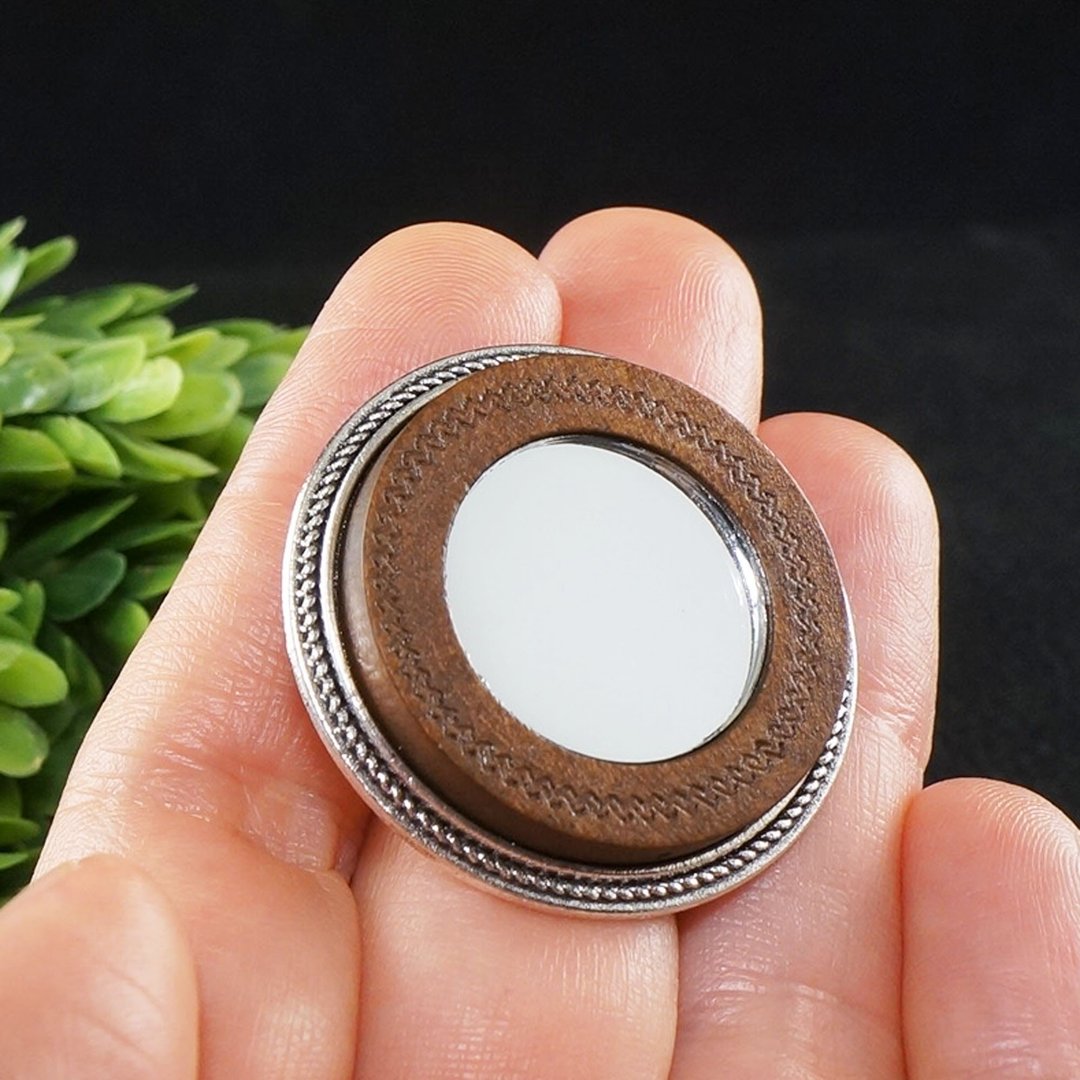 Evil Eye Glass Mirror Wooden Silver Round Protection Amulet Brooch Pin Jewelry - 胸针 - 其他材质 咖啡色