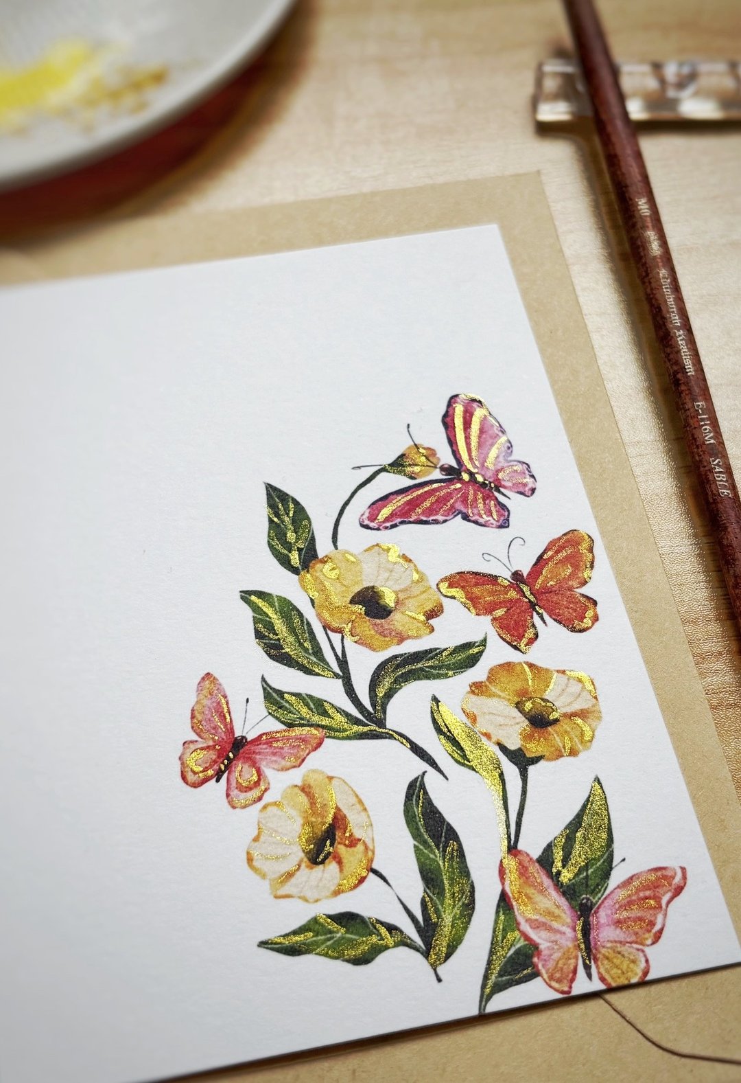 花卉蝴蝶插画万用卡片 金色点缀手工卡片 烫金质感空白卡 手作卡 - 卡片/明信片 - 纸 多色