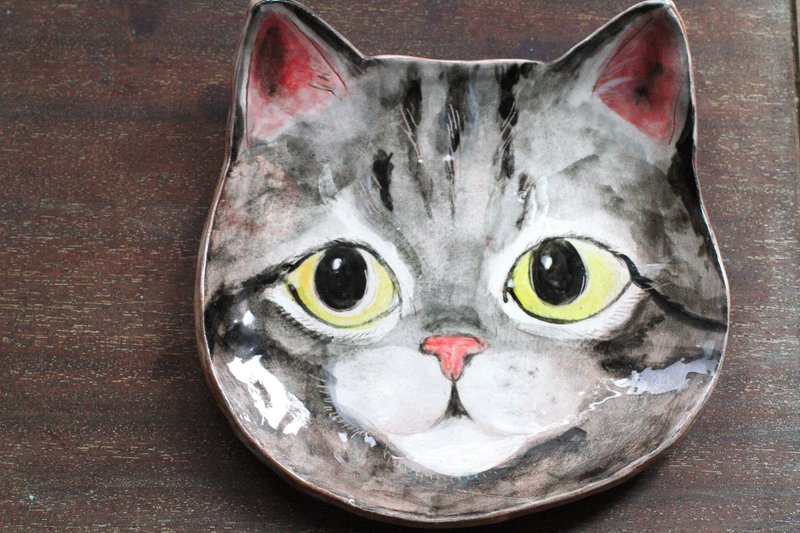 纯手捏可爱猫咪陶盘 - 盘子/餐盘/盘架 - 陶 黑色