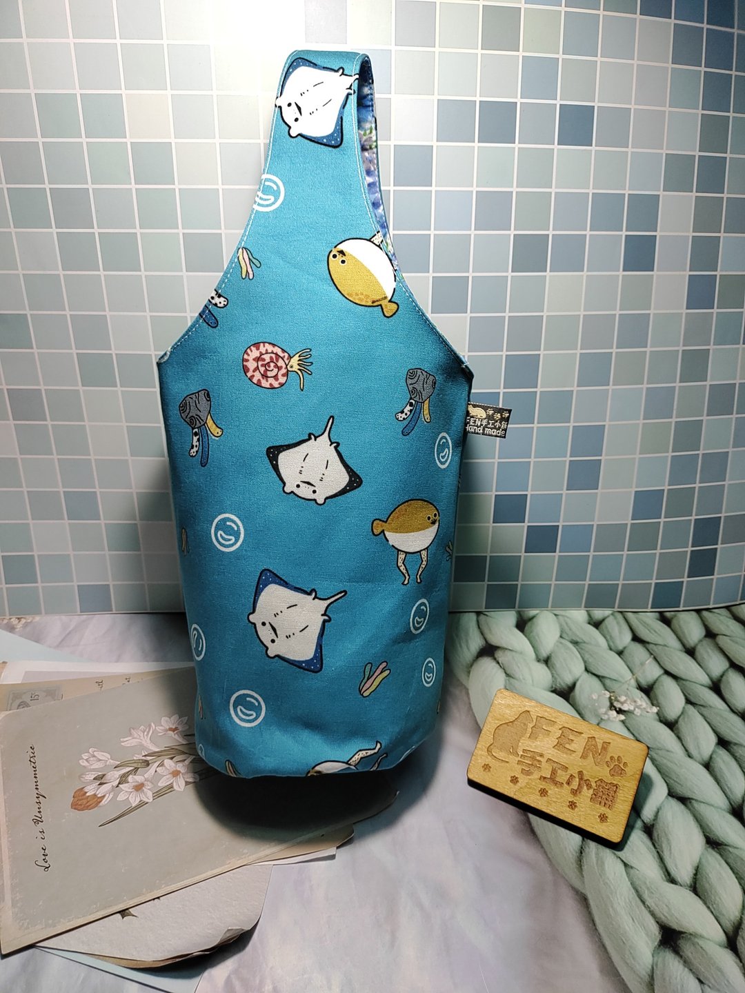 冰霸杯袋系列-台湾设计师薄棉布海洋脚脚生物款冰霸杯袋-饮料提袋 - 随行杯提袋/水壶袋 - 棉 