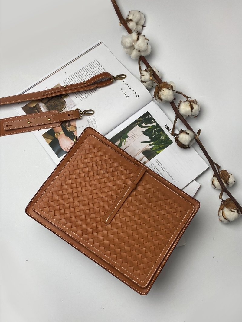 编织方包-含防尘袋 - 公文包/医生包 - 真皮 咖啡色