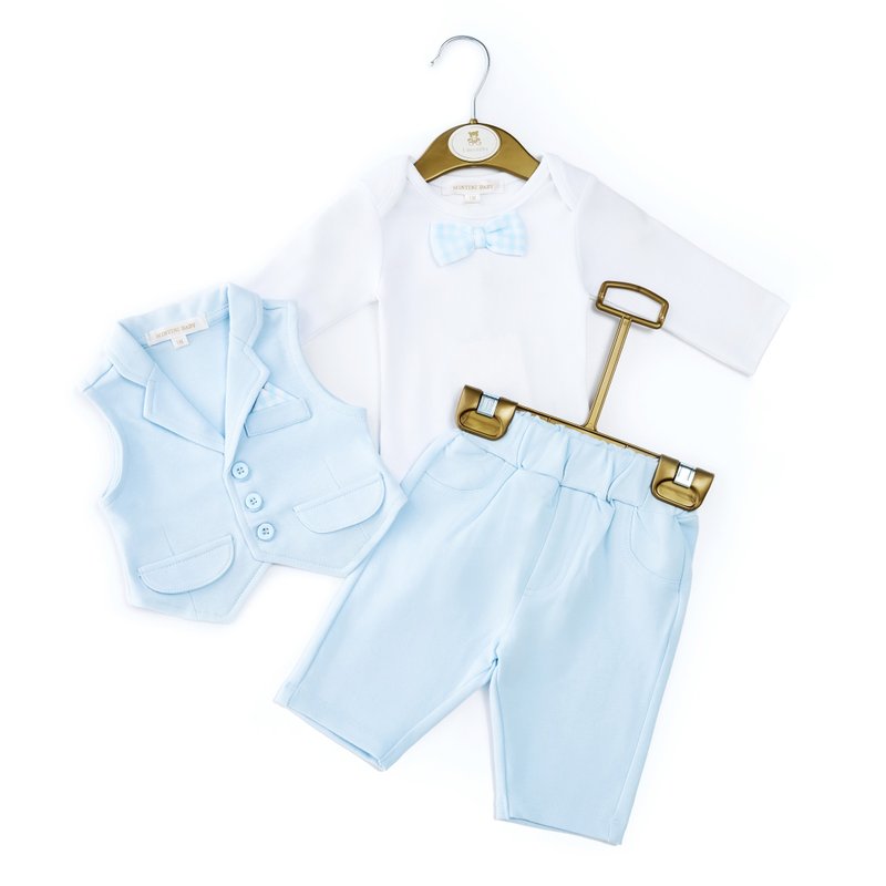 初生婴儿 小绅士 领结包庇衣+马甲+长裤3件套 Party弥月礼服 - 包屁衣/连体衣 - 棉．麻 蓝色