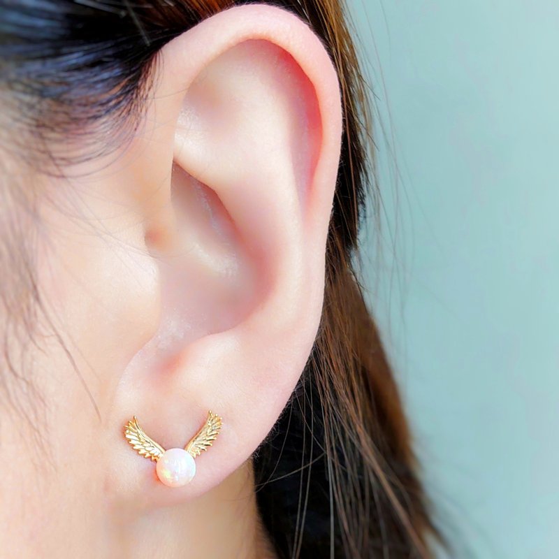 飞翔小双翼日本合成蛋白石波纯银耳环 - 耳环/耳夹 - 纯银 金色