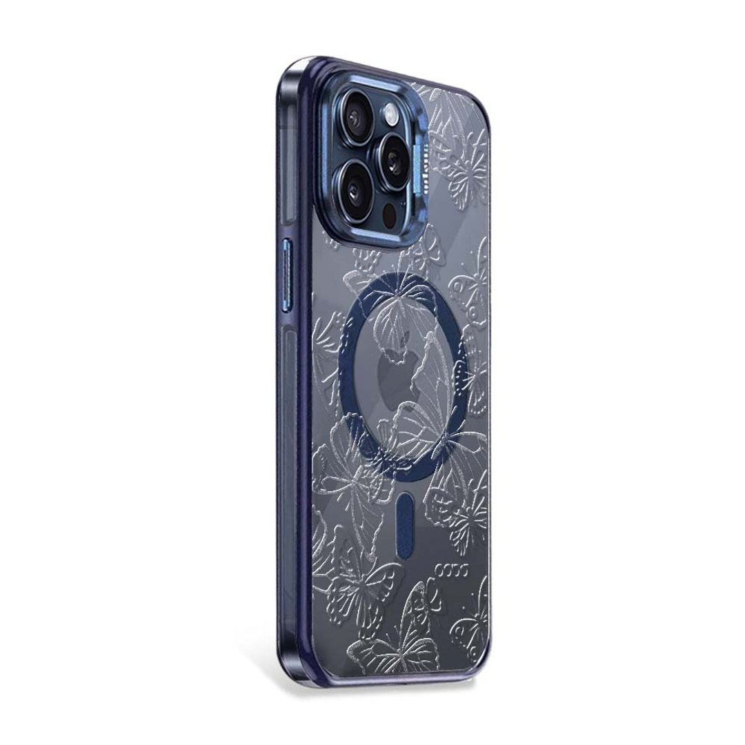 iPhone15/14 Pro 浮雕感防震双料抗黄磁吸金属框立架壳-透明蝶舞 - 手机壳/手机套 - 其他材质 多色