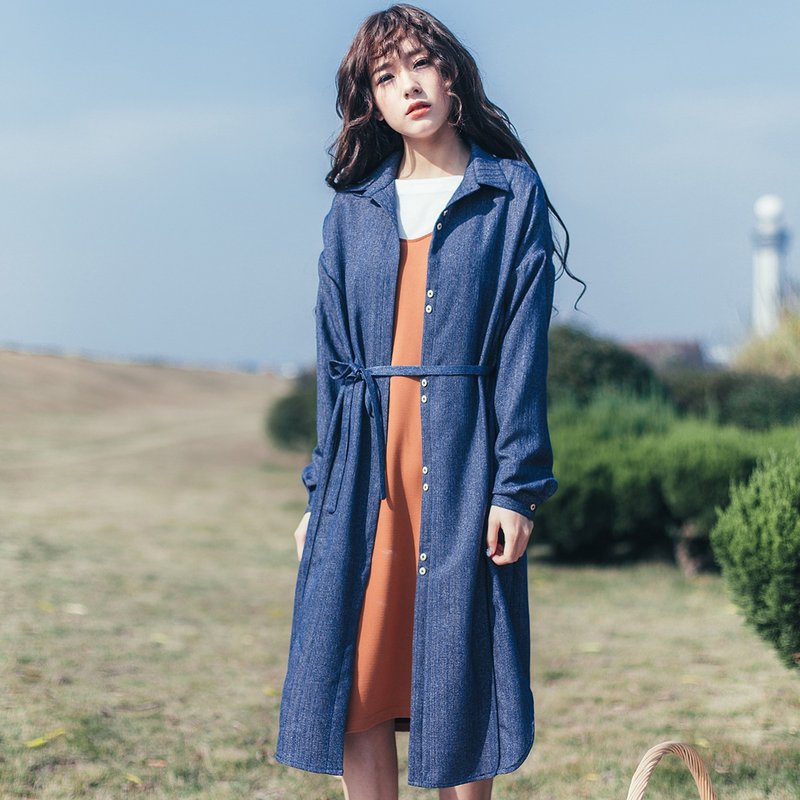 安妮陈牛仔连身裙2017春新款韩版学生宽松中长款长袖衬衫打底裙子洋装 - 女装衬衫 - 棉．麻 蓝色