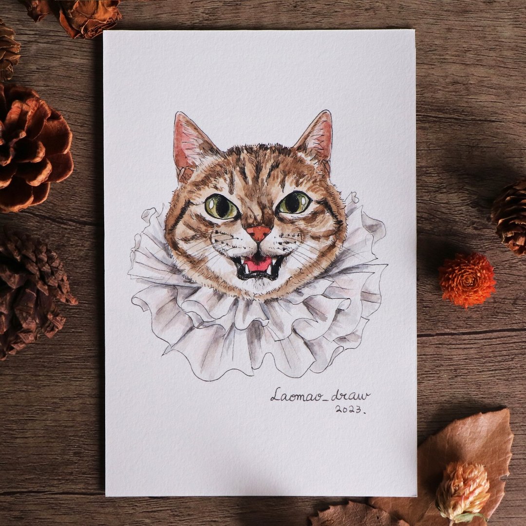 水彩插画原画稿 猫咪头像 4X6 6寸 0003 虎斑猫与拉夫领 - 海报/装饰画/版画 - 纸 