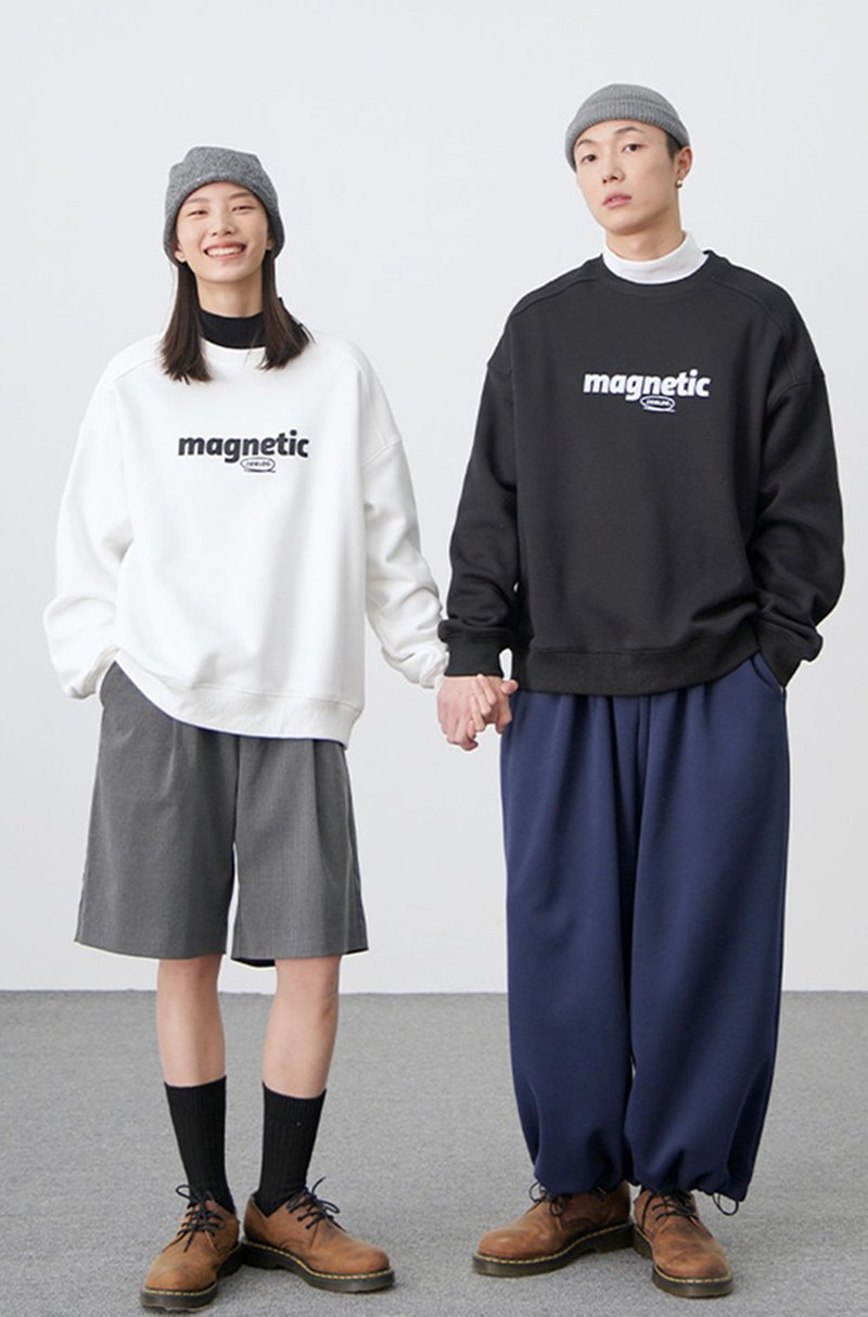 黑白配色时髦情侣装春装PROD圆领加绒卫衣BF风宽松款套头上衣 - 中性连帽卫衣/T 恤 - 棉．麻 