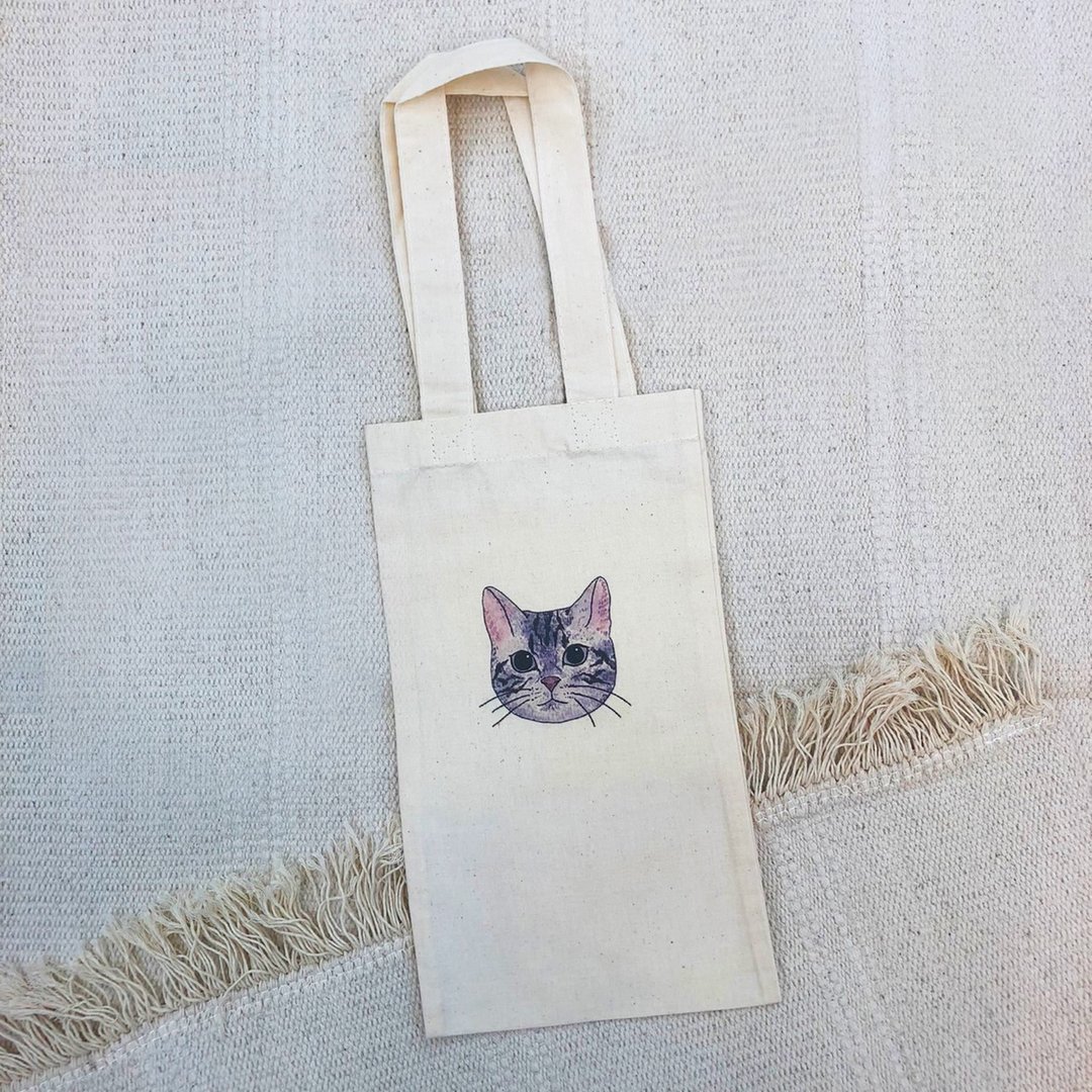 【插画款】\ 2入优惠 / 猫咪百科系列 | 棉布水壶提袋 - 随行杯提袋/水壶袋 - 棉 白色