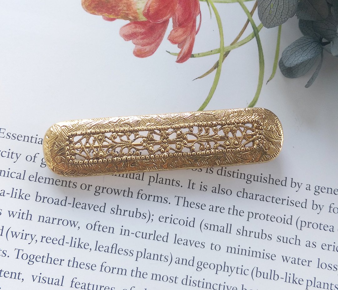 【西洋古董饰品】金色调 篓空浪漫 一字 别针 胸针 - 徽章/别针 - 其他金属 金色