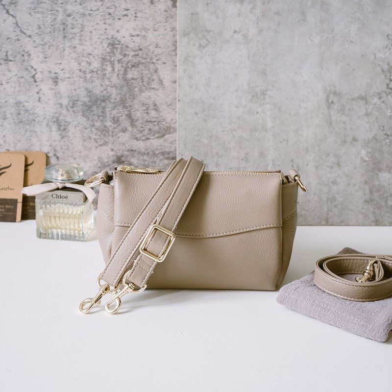 真皮肩背斜背小包 SA12489S 杏 - 侧背包/斜挎包 - 真皮 卡其色