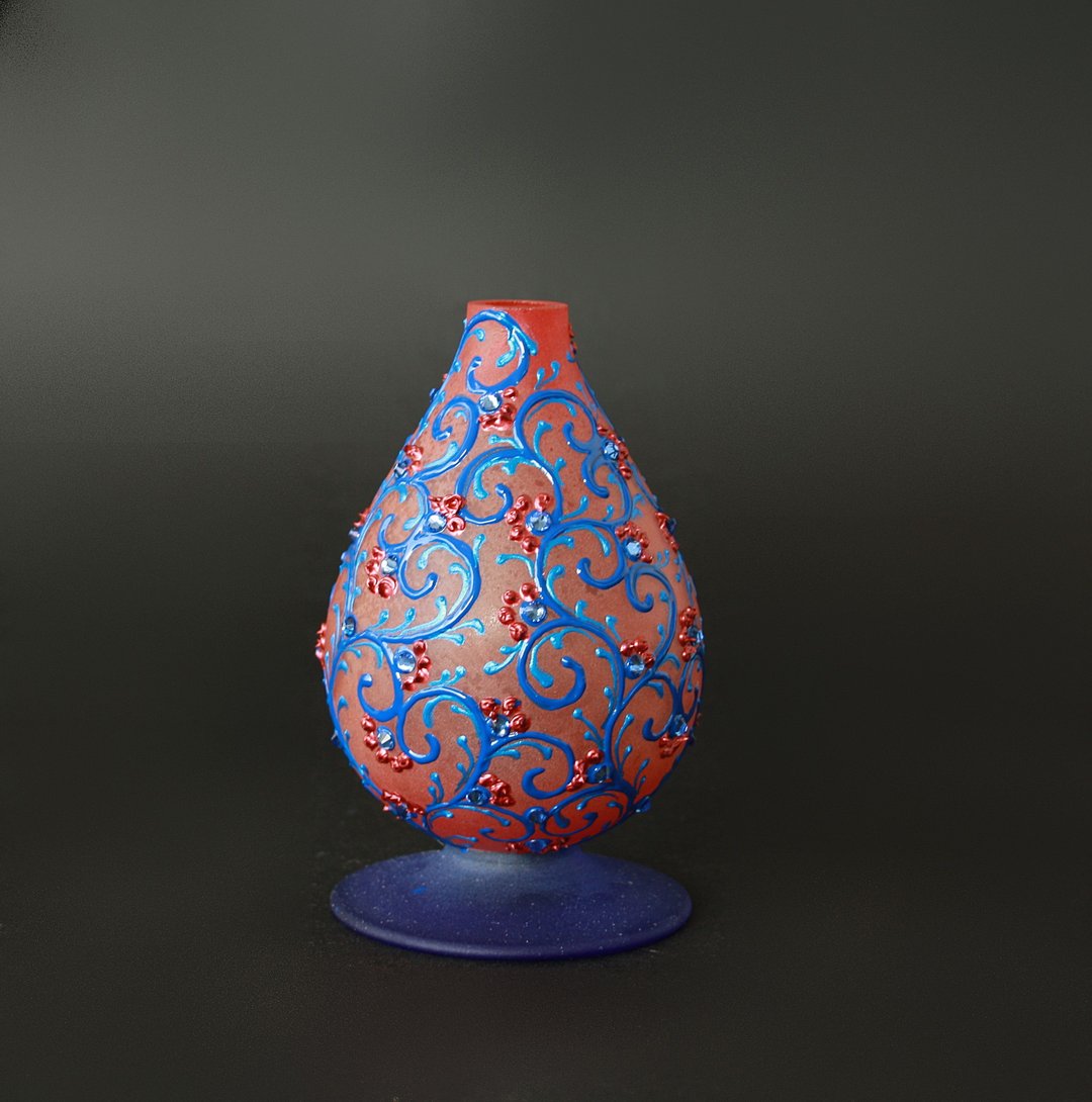 Small Vase Red  Blue Crystals Hand Painted - 摆饰 - 玻璃 蓝色